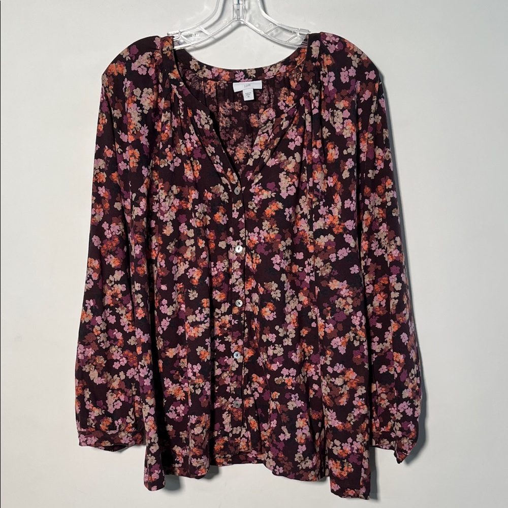 J. Jill Cottage Boho Casual 100% Cotton Floral Split Crew Button Wine Blouse 3x